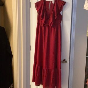 AND red v neck ruffled maxi